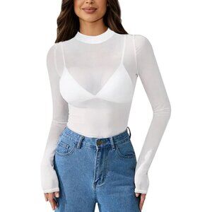 🆕 Women White Mesh Tops Long Sleeve Mock Neck Fitted Sexy Through Tee Design